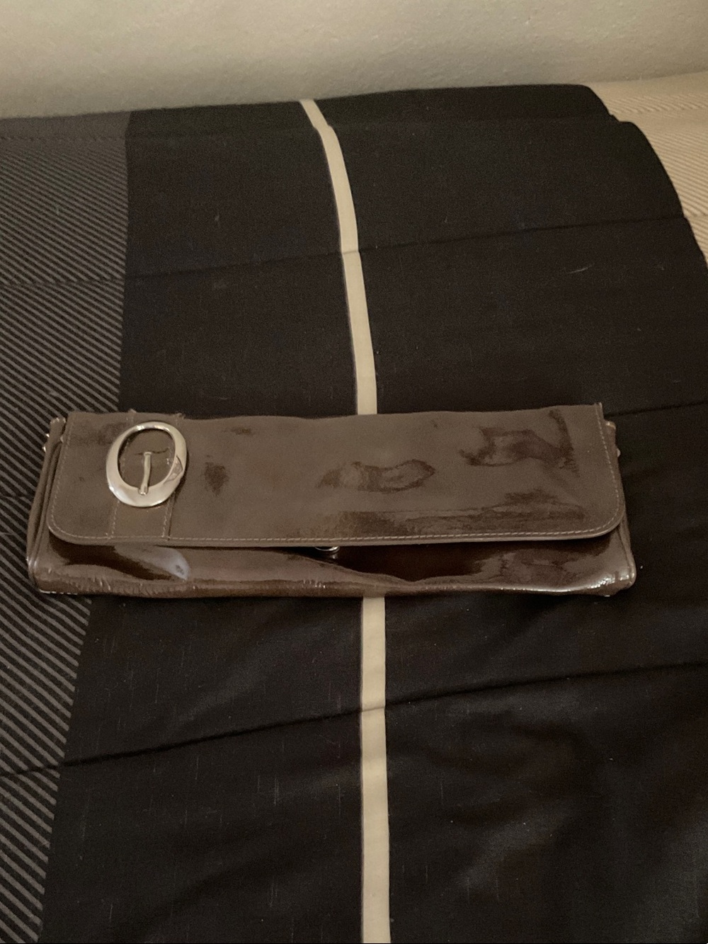 Maurizio Taiuti Brown Patent Leather Clutch with Silver Buckle